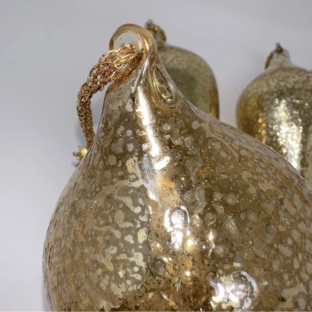 Large Gold Blown Glass Tear Drop Crackled Ornaments 11 1/2” Set Of 3